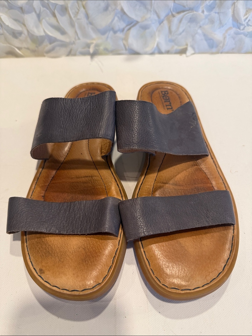 Born Two-Strap Leather Slides in Gray and Tan